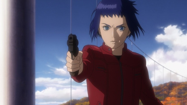 Major Kusanagi raises a gun in Ghost in the Shell: Arise
