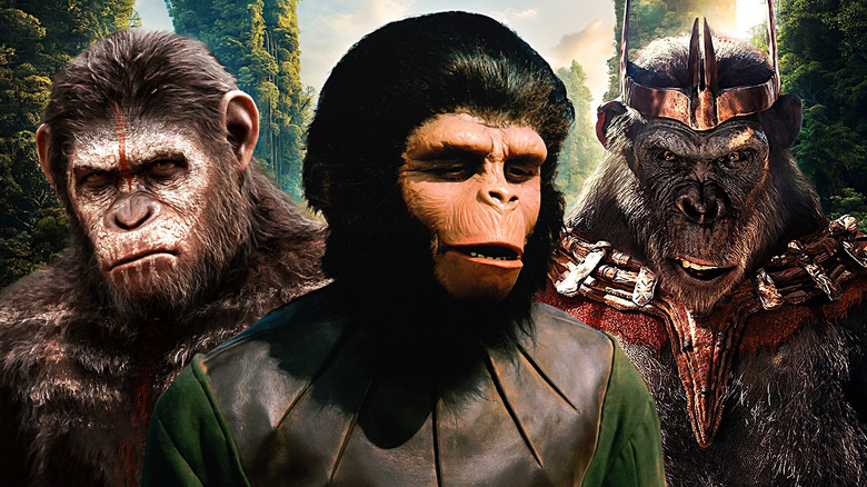 A collage of Cornelius (Roddy McDowall) in Planet of the Apes (1968) flanked by Caesar (Andy Serkis) in Dawn of the Planet of the Apes, and Proximus Caesar (Kevin Durand) in Kingdom of the Planet of the Apes