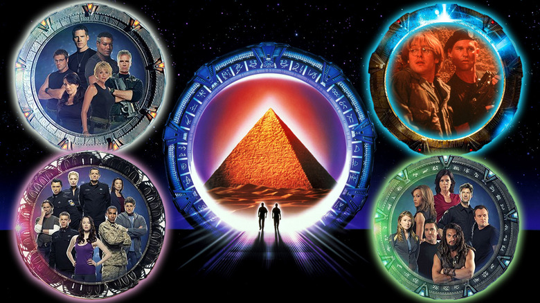 A composite image of different Stargates and the casts from their respective projects around the Stargate from the movie poster