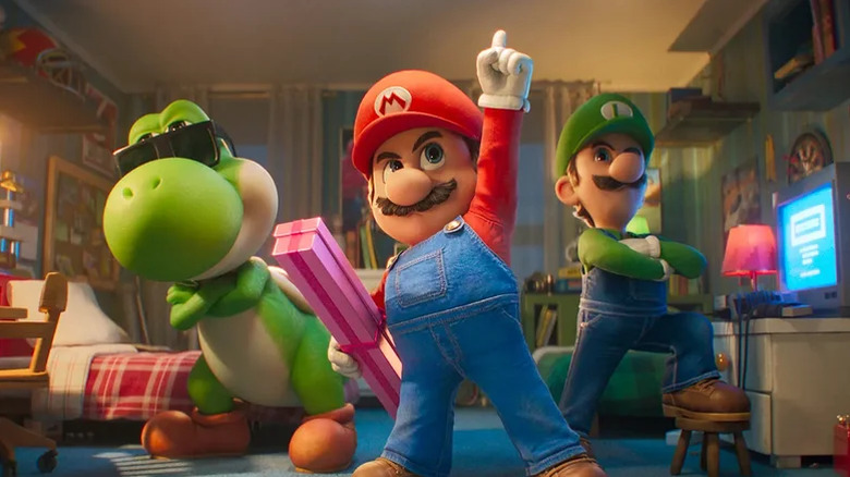 Yoshi, Mario, and Luigi doing a cool pose in The Super Mario Galaxy Movie