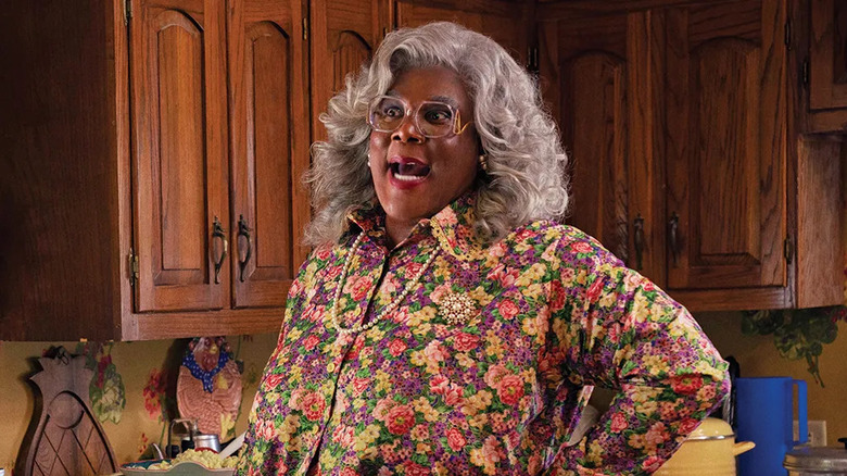 Madea Simmons (Tyler Perry) speaks animatedly in the kitchen in A Madea Homecoming