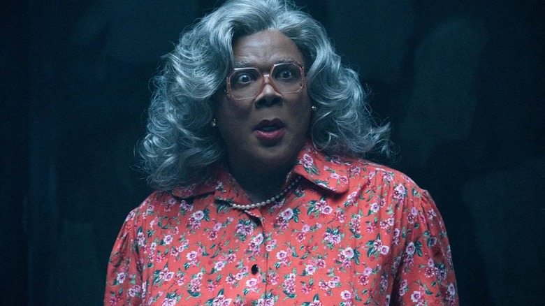 Madea Simmons (Tyler Perry) looks shocked in the dark in Boo 2! A Madea Halloween