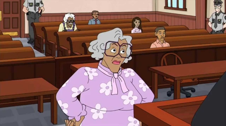 Madea Simmons (Tyler Perry) stands before a judge in Madea's Tough Love