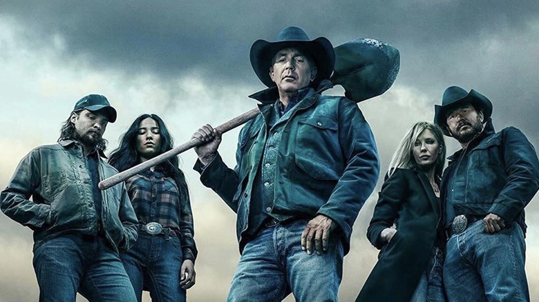 Gil Birmingham as Chief Thomas Rainwater in "Yellowstone," surrounded by other cast members