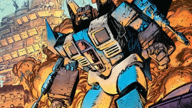 Thundercraker on an on-fire aircraft carrier in the Transformers #8 cover
