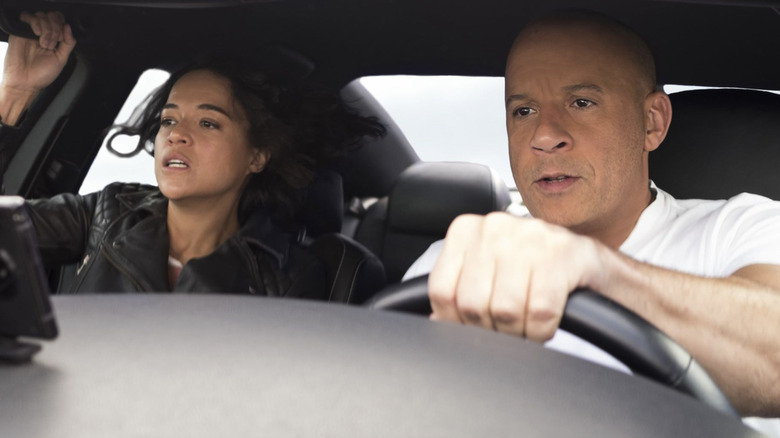 Michelle Rodriguez and Vin Diesel in F9 The Fast Saga