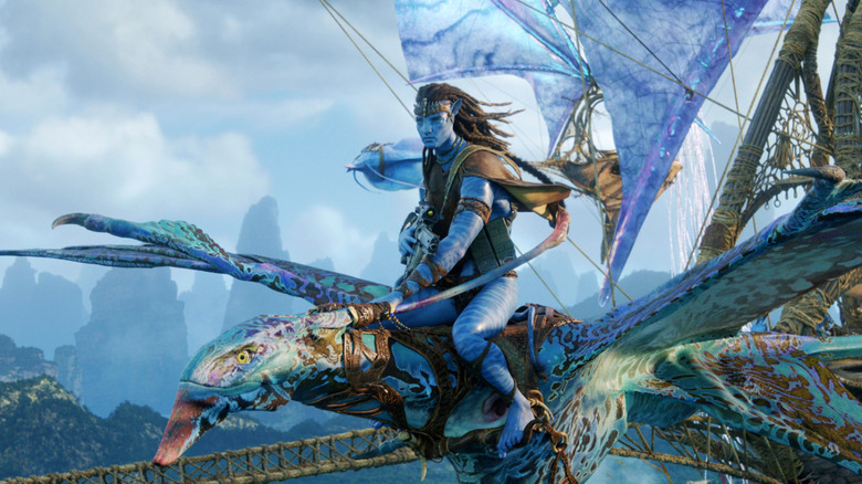 Jake Sully rides a Tulkun into battle in Avatar: Fire and Ash