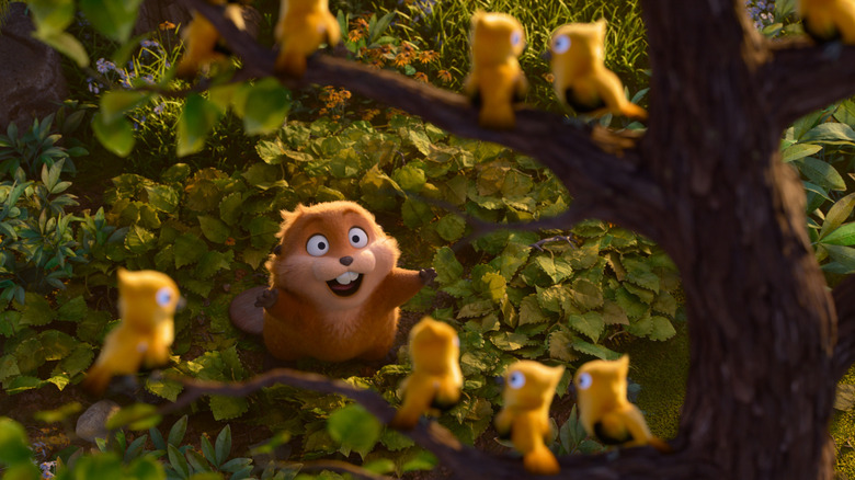 Mabel (as a beaver) speaking to a group of yellow birds in Hoppers