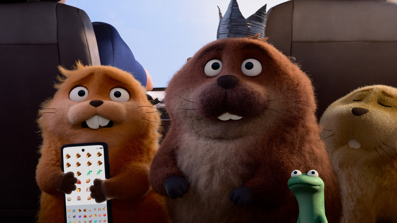 Mabel (as a beaver), King George, Tom Lizard, and Loaf standing in a car in Hoppers
