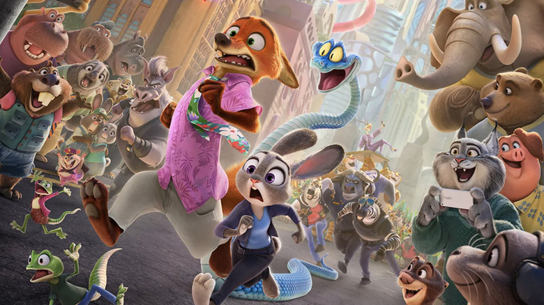 Zootopia 2 poster -- Nick Wilde, Judy Hopps, and Gary De'Snake running through street surrounded by different animals