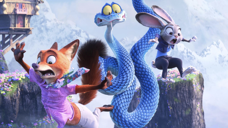Nick Wilde, Gary DeSnake, and Judy Hopps panic on the water in Zootopia 2