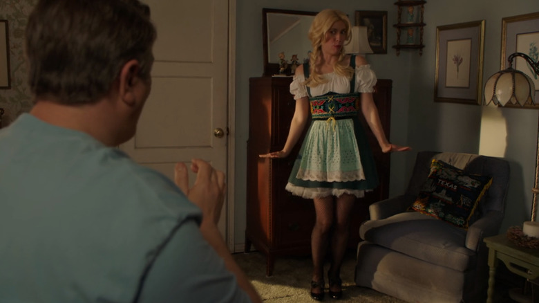 Lance Barber as George Sr. and Zoe Perry as Mary dressed as a German barmaid in Young Sheldon