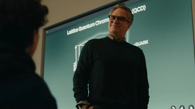 Bruce Banner smiles in a lecture hall on a university campus in Spider-Man: Brand New Day