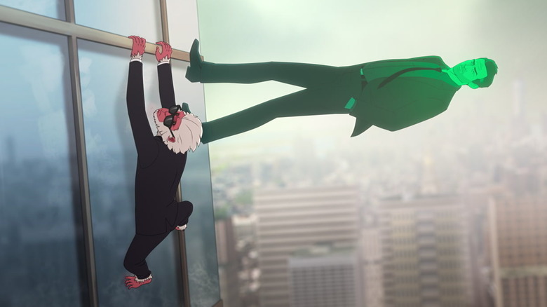 Hit-Monkey hanging on a building while watching Bryce on the Hulu series.