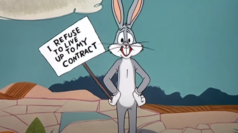 Bugs Bunny holding a protest sign in Rabbit Rampage episode of Looney tunes