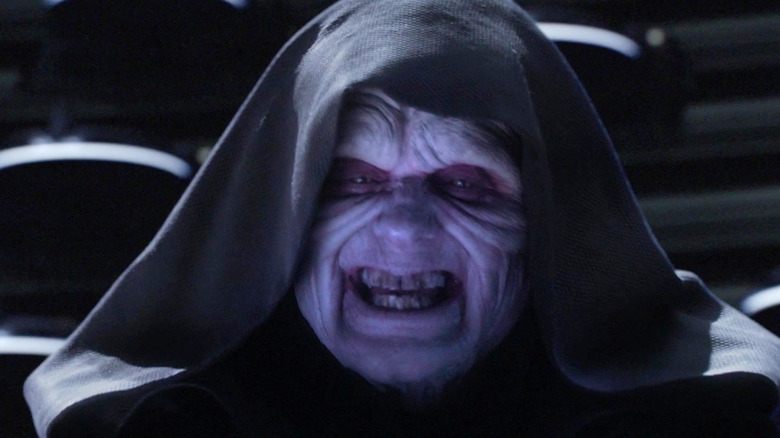 Emperor Palpatine grinning wildly in Star Wars: Revenge of the Sith