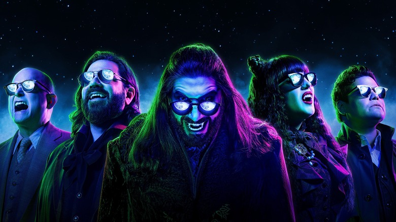 Mark Proksch, Matt Berry, Kayvan Novak, Natasia Demetriou and Harvey Guillén in promotional art for What We Do in the Shadows