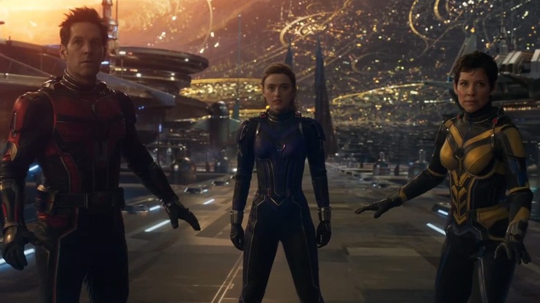 Paul Rudd, Kathryn Newton, and Evangeline Lilly as Scott Lang, Cassie Lang, and Hope Van Dyne in Ant-Man and the Wasp: Quantumania
