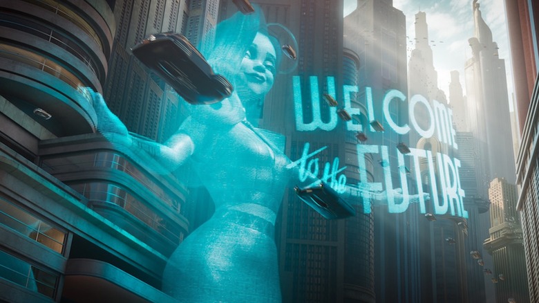 అని చెప్పే హోలోగ్రామ్ గుర్తు ద్వారా ఎగిరే కారు జారిపోతుంది 