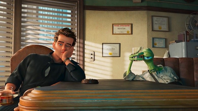 Ray Gunn (voiced by Sam Rockwell) and Eyera (voiced by Tom Waits) nurse glasses of whiskey in an office in Ray Gunn