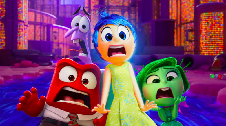 Joy, Anger, Fear, and Disgust look scared on a river in Inside Out 2