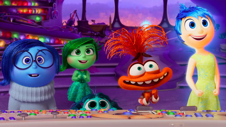 Sadness, Disgust, Envy, Anxiety, and Joy at Riley's mind console in Inside Out 2