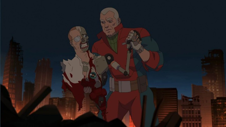 Brit holding up Donald's damaged body in Invincible