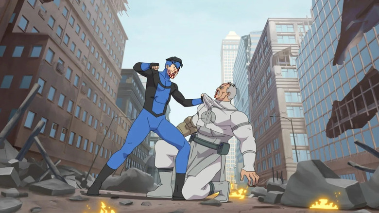 Invincible Mark punching Conquest, surrounded by ruined city