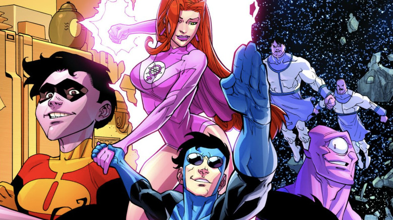 Invincible volume 11 cover: Mark, Atom Eve, Oliver, Allen the Alien
