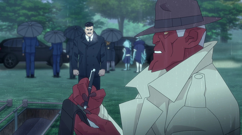 Invincible Omni-Man and Damien Darkblood at Guardians of the Globe's funeral