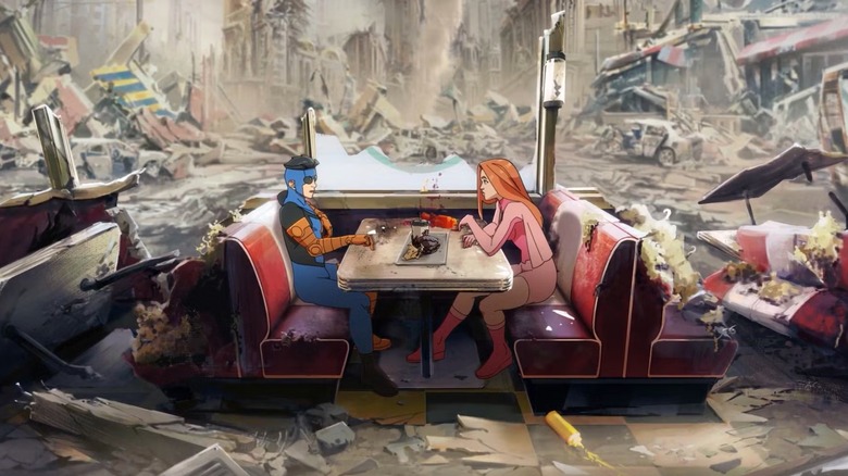 Invincible season 4 teaser - Mark and Eve sitting in diner booth in destroyed city