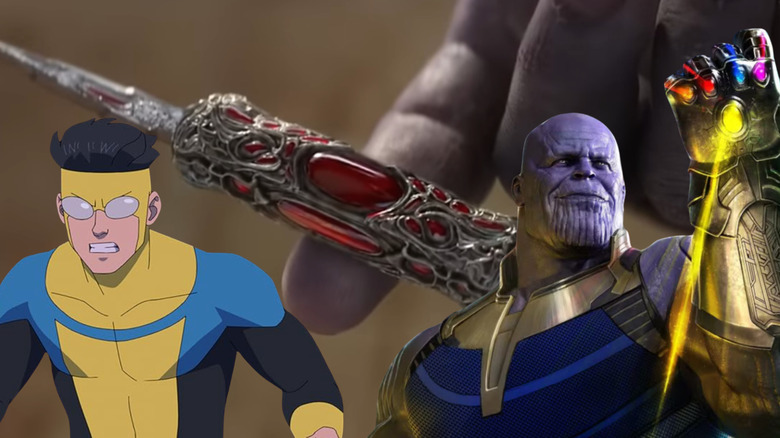 Invincible and Thanos with Infinity Gauntlet on background of Thanos holding 'perfectly balanced' knife