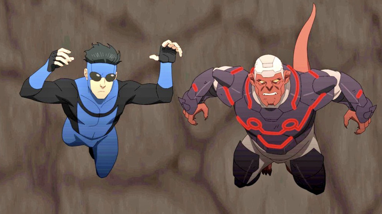 Invincible season 4 - Mark and Damien Darkblood falling together in bottomless pit