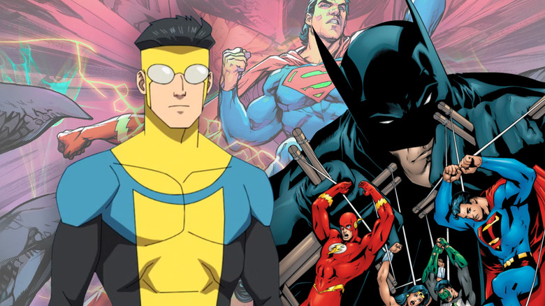 Composite image of Invincible and Batman puppeteering the Justice League from cover of JLA #44