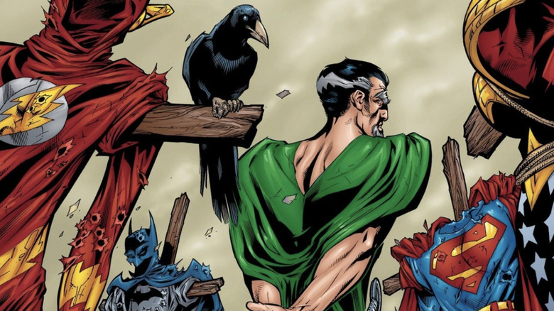 ஜேஎல்ஏ: டவர் ஆஃப் பேபல் #43 இன் அட்டையிலிருந்து ஃப்ளாஷ், பேட்மேன், சூப்பர்மேன் மற்றும் வொண்டர் வுமன் ஆகியோரின் உடைகளை அழித்ததற்கு அருகில் ரா'ஸ் அல் குல் வெற்றியுடன் நிற்கிறார்.