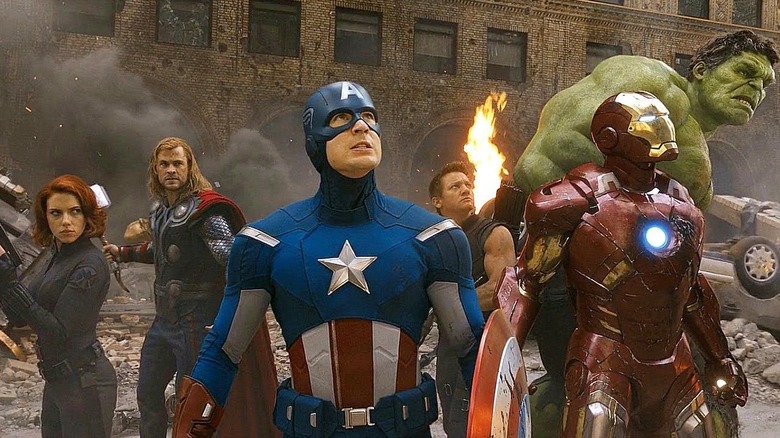 The Avengers assemble in the ruins of a New York street in The Avengers