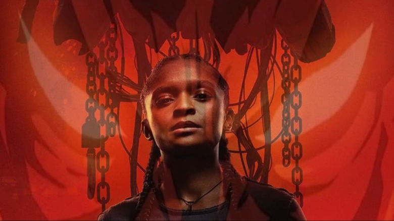 Ironheart poster of Riri Williams with Mephisto's eyes superimposed