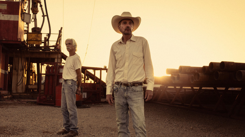 Sam Elliott's T.L. Norris stands behind Billy Bob Thornton's Tommy Norris in Landman