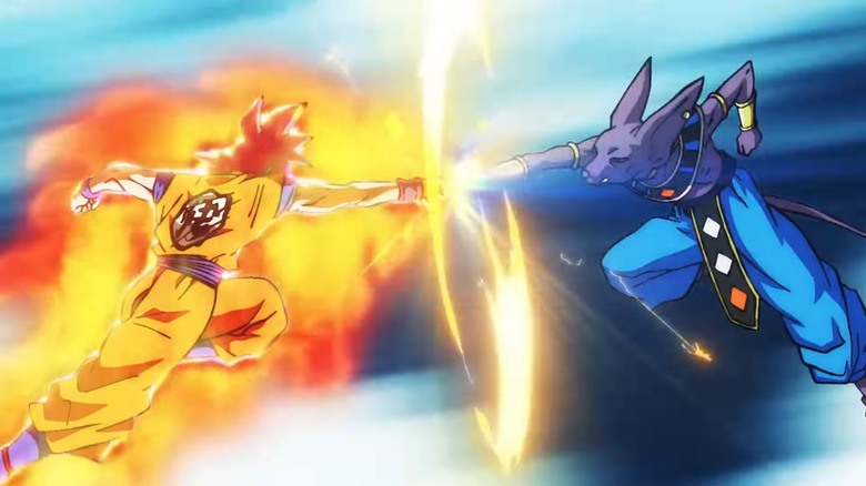 Goku in Super Saiyan God form fighting Beerus in Dragon Ball Super