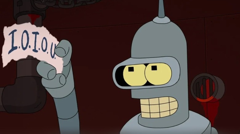 Bender holding an IOU note on Futurama
