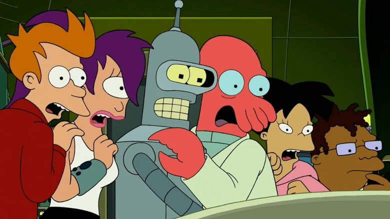 Fry, Leela, Bender, Zoidberg, Amy, and Hermes all terrified by something in Futurama