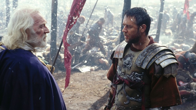 Marcus Aurelius (Richard Harris) talks with Maximus (Russell Crowe) after the battle in the snow in Gladiator