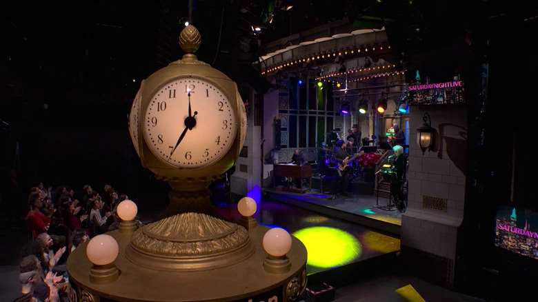 The clock and main stage of Saturday Night Live in Studio 8H in 30 Rock