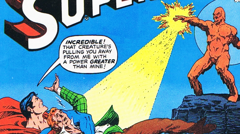 Asa Ezaak fires a gravity beam at Superman and Jimmy Olsen on the cover of Superman #355