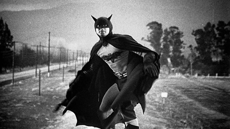 Batman, riding on top of a train in the 1949 Batman serial.