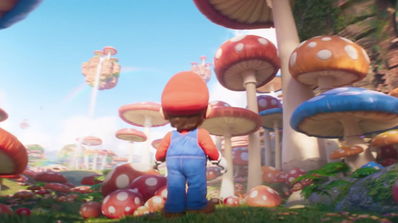 Mario exploring the Mushroom Kingdom in The Super Mario Bros. Movie