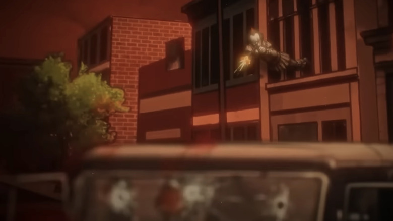 இட் வெல்கம் டு டெர்ரியின் தொடக்கத் தலைப்புகளில் துப்பாக்கியால் சுடும் கட்டிடத்தின் பென்னிவைஸ் தொங்குகிறார்