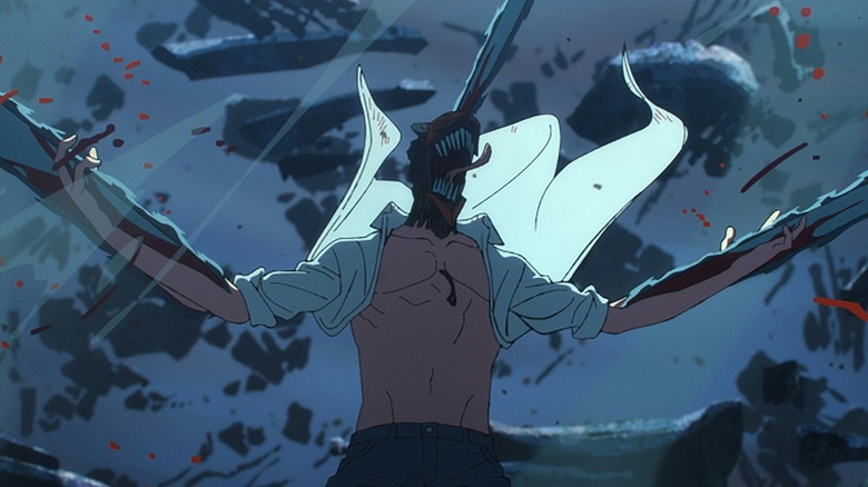 Denji melemparkan darah dari gergajinya di Chainsaw Man – The Movie: Reze Arc