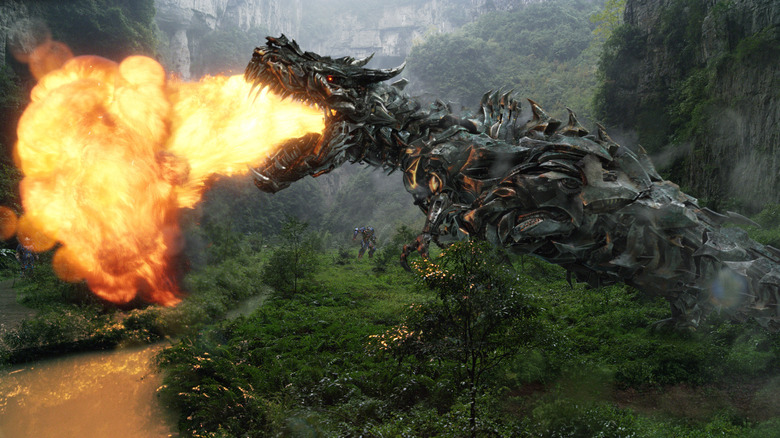 Grimlock breathing fire in Transformers: Age of Extinction