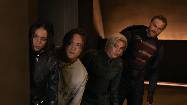 Hannah John-Kamen's Ghost, Lewis Pullman's Bob, Florence Pugh's Yelena Belova, and Wyatt Russell's John Walker in Thunderbolts*